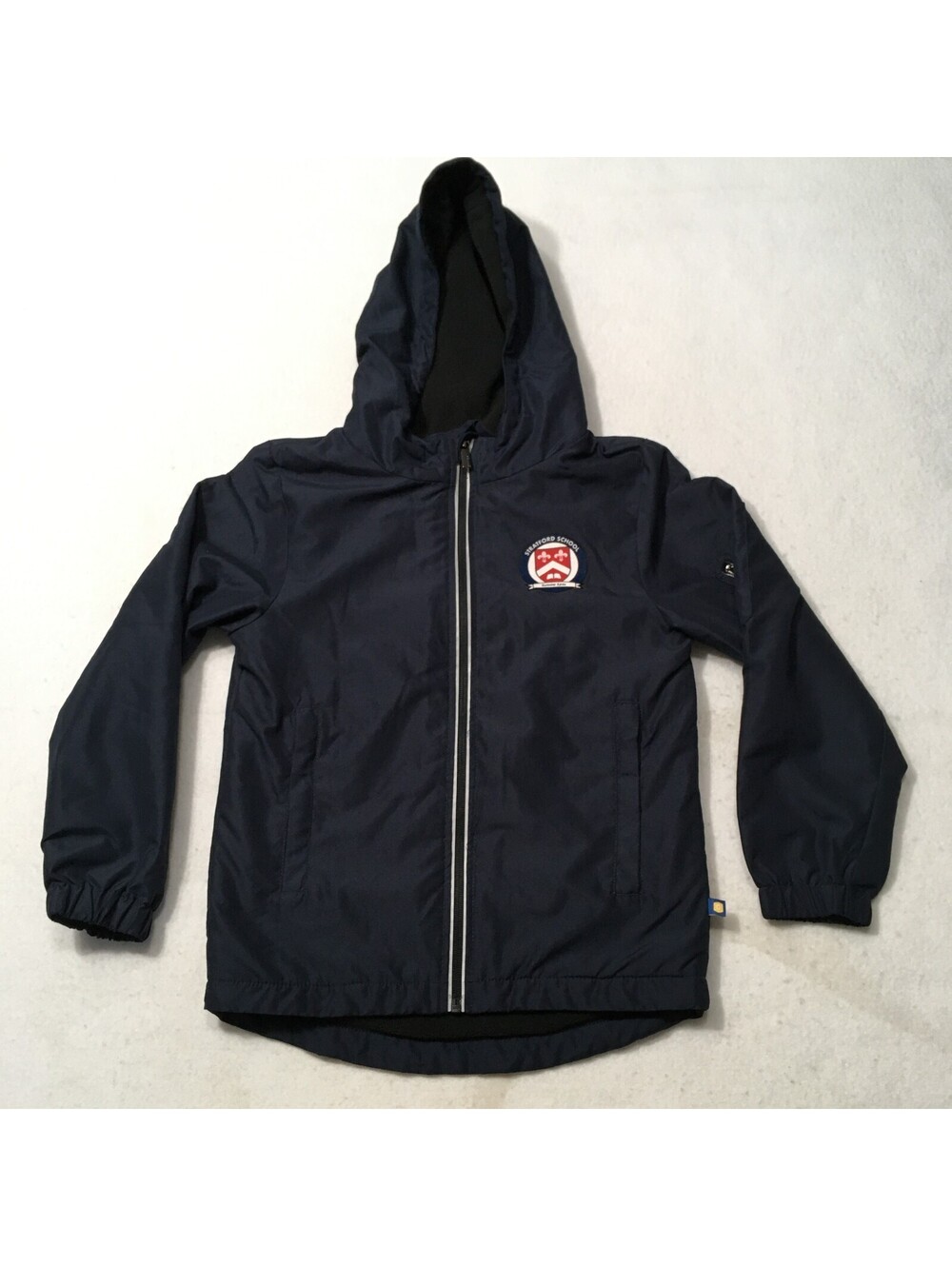 Stratford School Jacket Youth Small Navy Hooded Full Zip Windbreaker SIZE 7-8